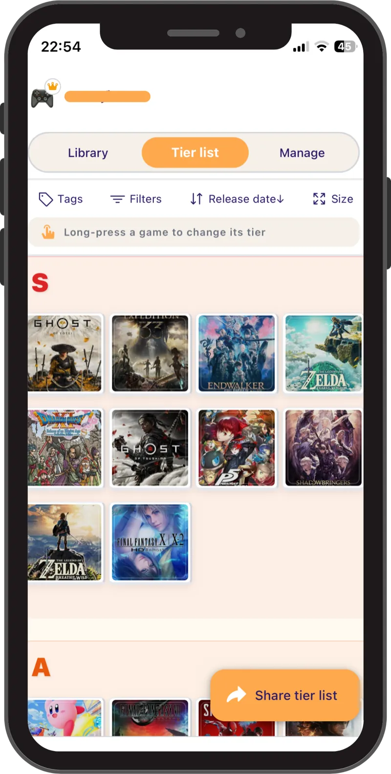 Preview of a tier list created in Gamekore